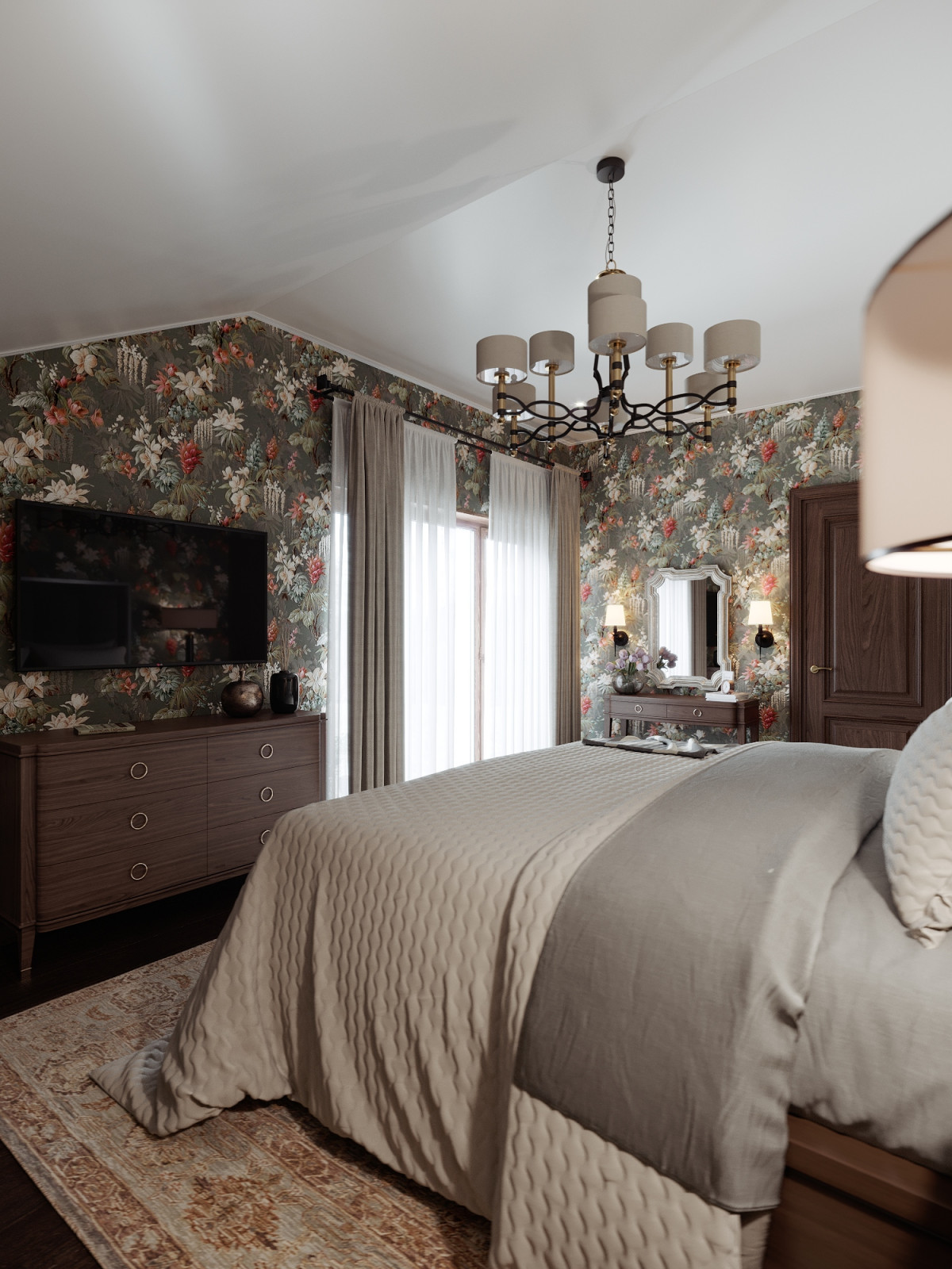 Спальня загородного дома с гардеробной, 29 кв.м