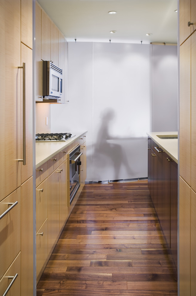Photo of a contemporary galley separate kitchen in New York with light wood cabinets and flat-panel cabinets.