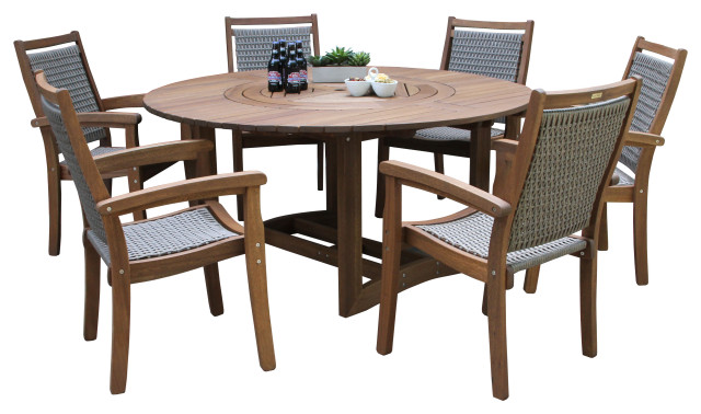 7-Piece Eucalyptus Round Lazy Susan Dining set With 6 Stacking Wicker ...