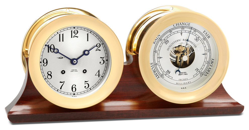 4.5" Chelsea Ship's Bell Clock and Barometer in Brass on Double Base