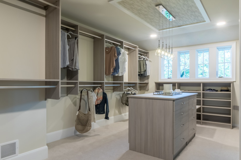Inspiration for a large contemporary gender-neutral walk-in wardrobe in Minneapolis with flat-panel cabinets, light wood cabinets and carpet.