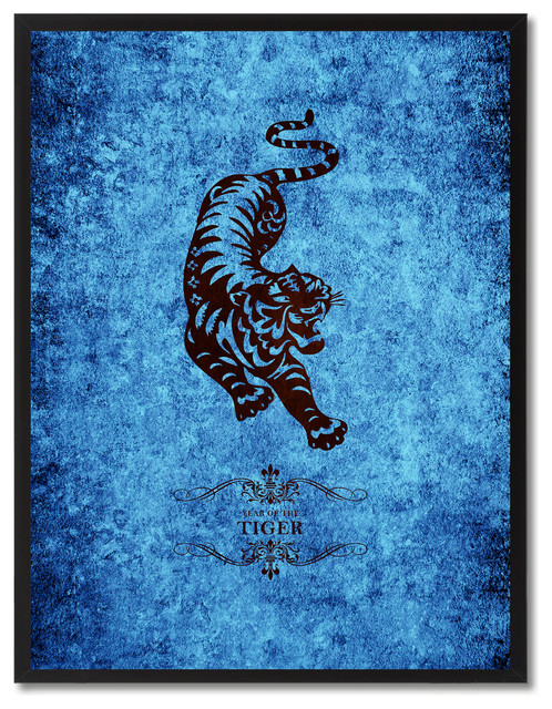 Tiger Chinese Zodiac Blue Print on Canvas with Picture Frame, 22"x29"