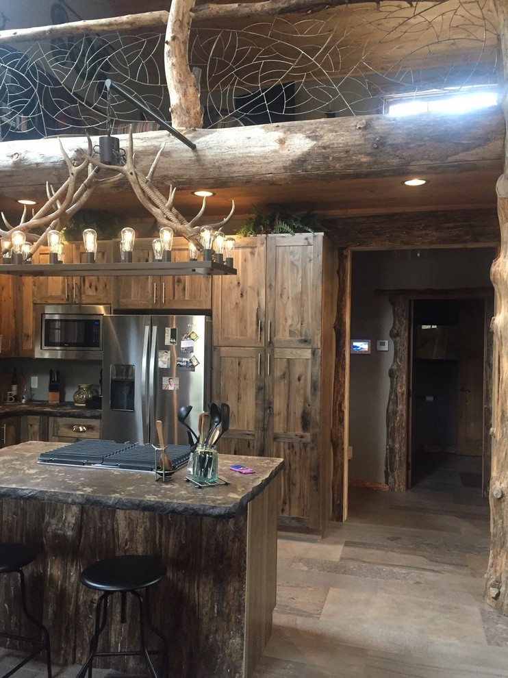 Inspiration for a small rustic l-shaped porcelain tile and gray floor open concept kitchen remodel with a farmhouse sink, shaker cabinets, medium tone wood cabinets, concrete countertops, stainless steel appliances and an island