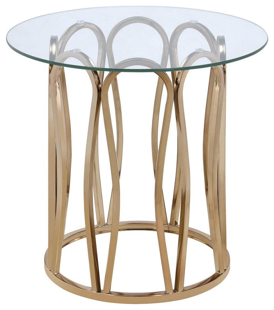 End Table Round Shaped Chrome Metal Base with Glass Top in Glossy White Finish 