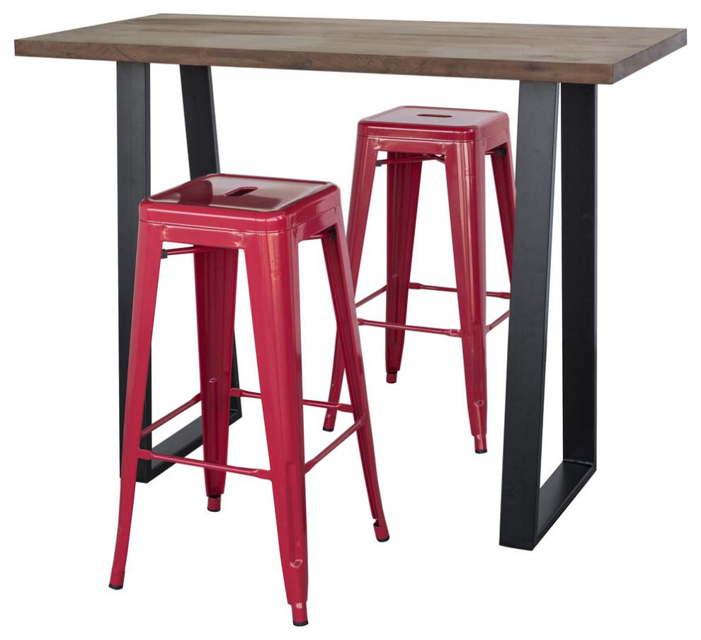 Acacia Wood Top Bar Height Pub Set With Red Bar Stools, 3 Piece Set Contemporary Dining Sets