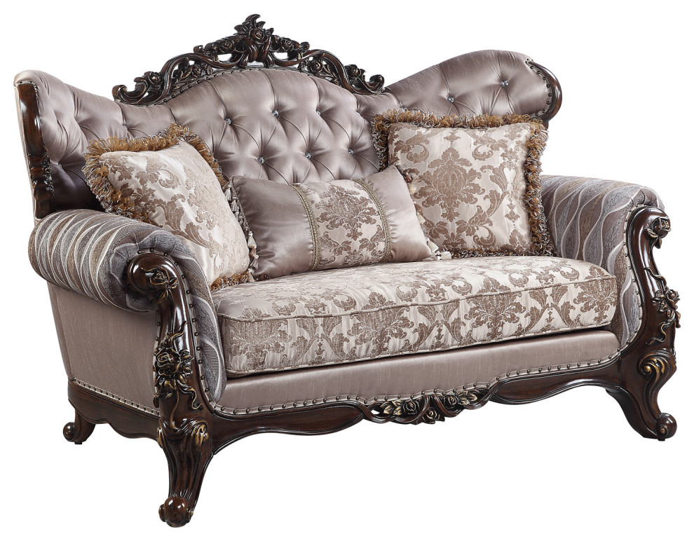 Upholstered Loveseat, Antique Oak and Champagne