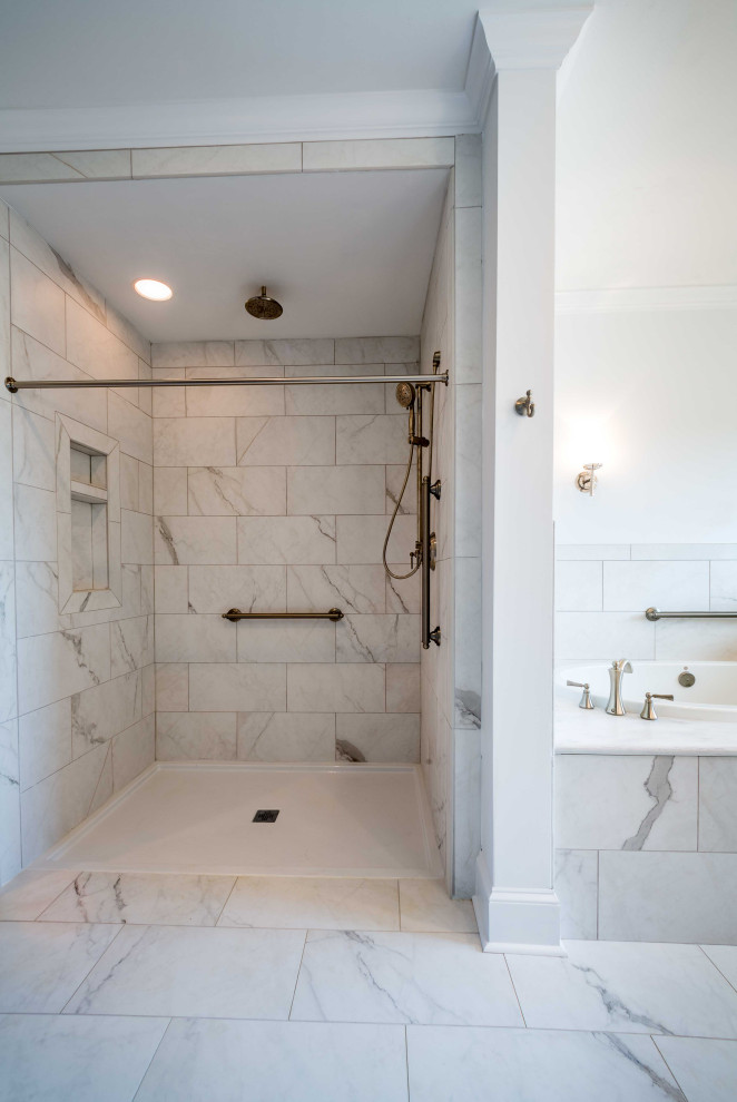 Photo of a mid-sized traditional master bathroom in Atlanta with recessed-panel cabinets, dark wood cabinets, a corner tub, an alcove shower, a one-piece toilet, white tile, mosaic tile, white walls, mosaic tile floors, an integrated sink, limestone benchtops, white floor, a shower curtain, white benchtops, a single vanity and a built-in vanity.