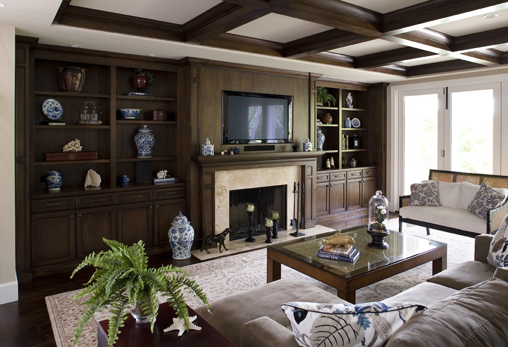 Design ideas for a traditional living room in San Francisco with a built-in media wall.