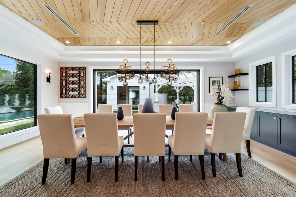 Design ideas for a transitional dining room in Los Angeles with grey walls, light hardwood floors and beige floor.
