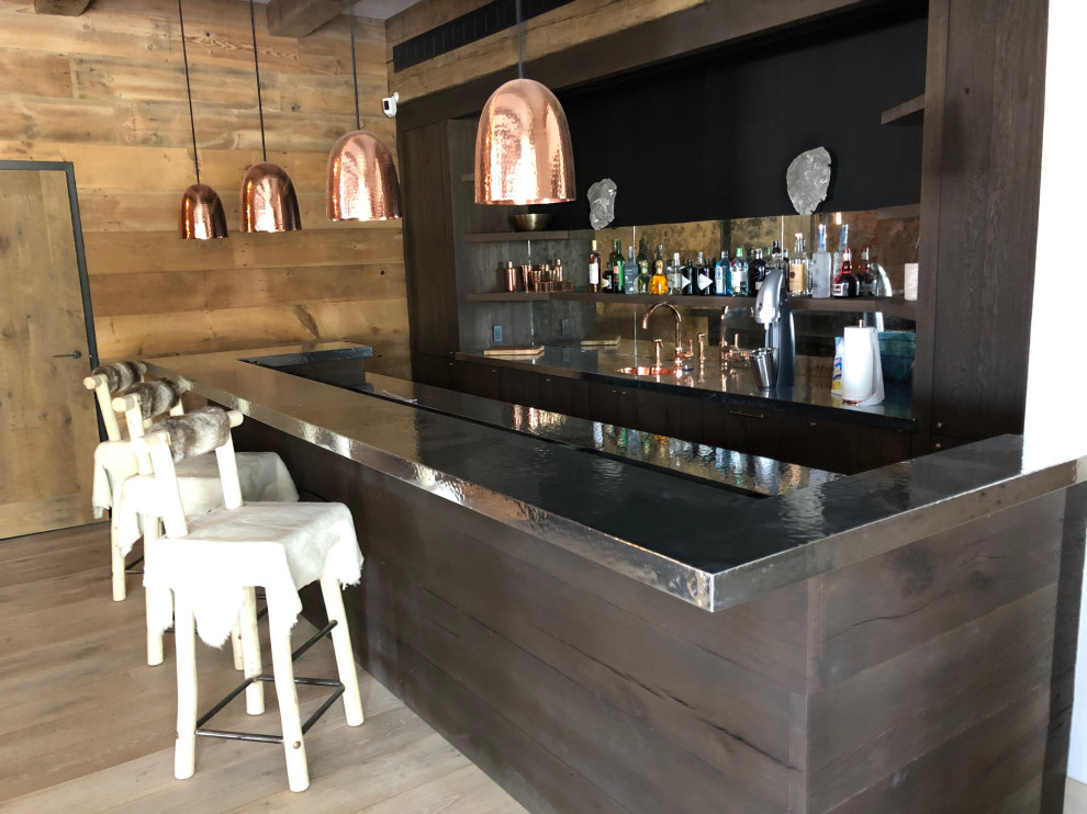 Design ideas for a country home bar in Other with zinc benchtops.