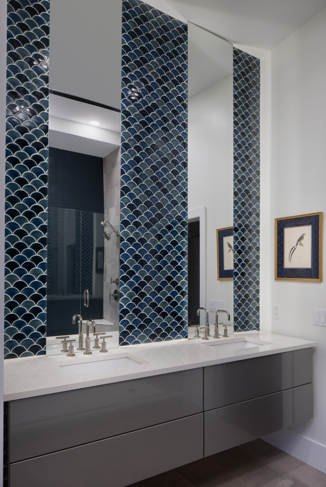 Inspiration for a small contemporary master bathroom in Other with flat-panel cabinets, grey cabinets, a curbless shower, black tile, blue tile, an undermount sink, a double vanity, a floating vanity, ceramic tile, multi-coloured walls, quartzite benchtops and white benchtops.
