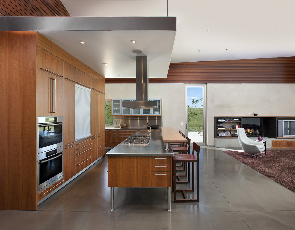 Mid-sized modern galley open plan kitchen in Los Angeles with stainless steel benchtops, an undermount sink, flat-panel cabinets, dark wood cabinets, stainless steel appliances, concrete floors and with island.