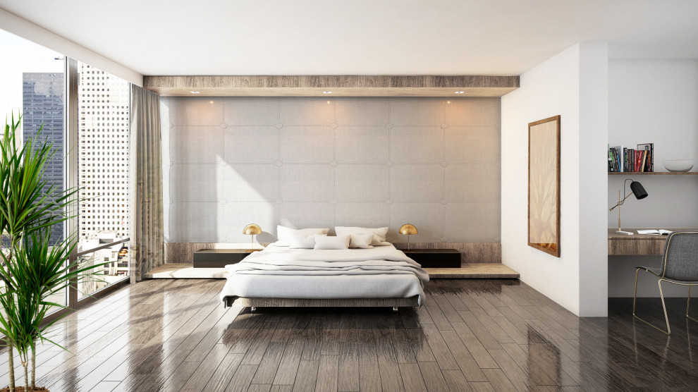 Photo of a large modern master bedroom in New York with white walls, dark hardwood floors and brown floor.