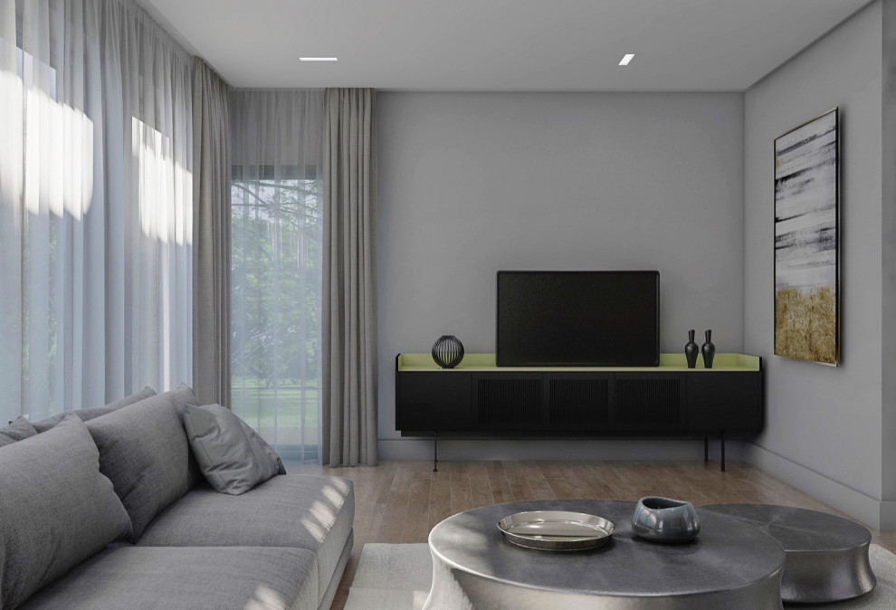 На фото: открытая гостиная комната среднего размера в современном стиле с серыми стенами, паркетным полом среднего тона, отдельно стоящим телевизором и коричневым полом с