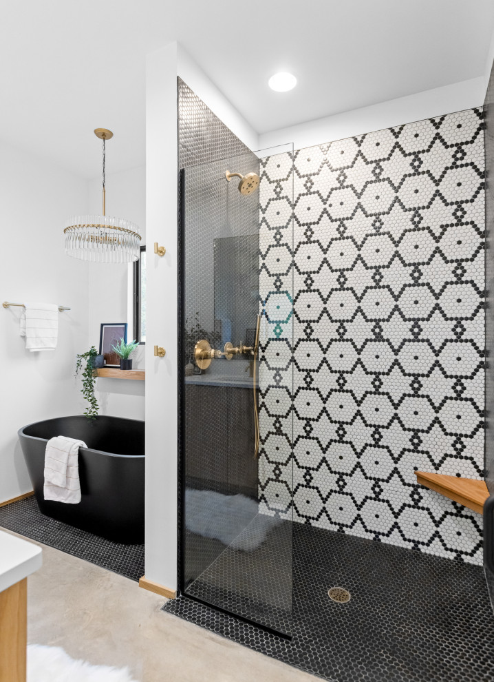Photo of a contemporary bathroom in Other with a freestanding tub, an alcove shower, black and white tile, mosaic tile, white walls, beige floor, an open shower, white benchtops and a shower seat.