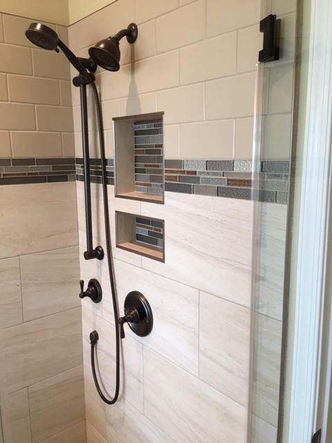 Home design - transitional master beige tile and glass tile ceramic tile home design idea in DC Metro with flat-panel cabinets, white cabinets, an undermount tub, an undermount sink and granite countertops