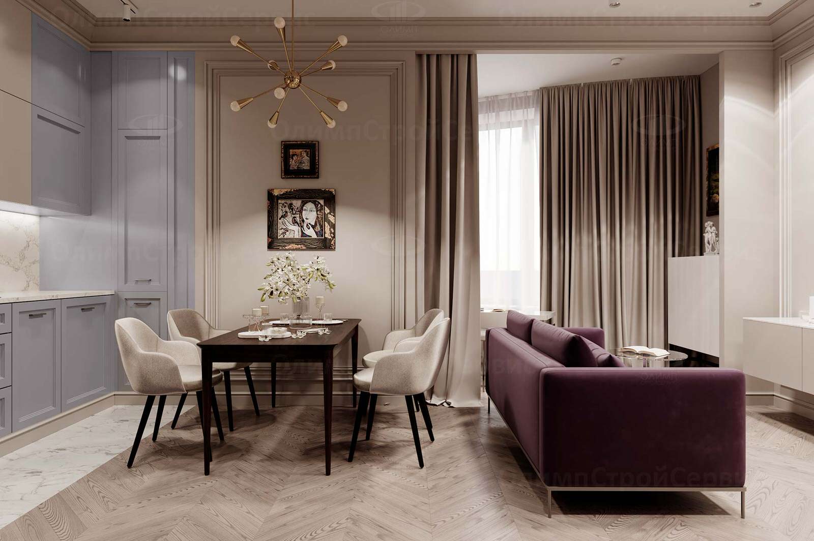 ЖК Врубеля, 4: дизайн интерьера евродвушки 60 кв.м. в стиле «Неоклассика»