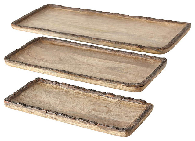 Artisinal 3 Piece Bark Rimmed Wood Tray Set Rustic Serving Artisinal 3 Piece Bark Rimmed Wood Tray