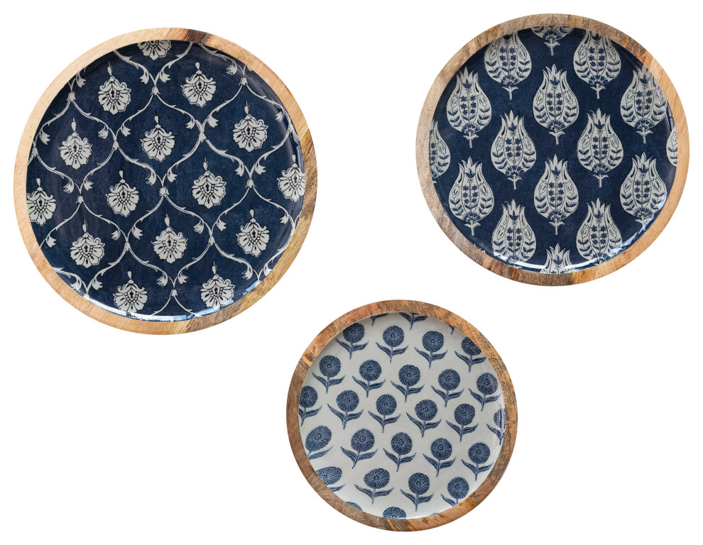Enameled Mango Wood Trays With Floral Pattern, Blue, Set of 3