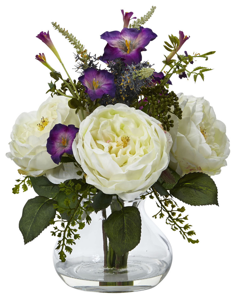 Artificial Flowers White Rose And Morning Glory Arrangement With Vase