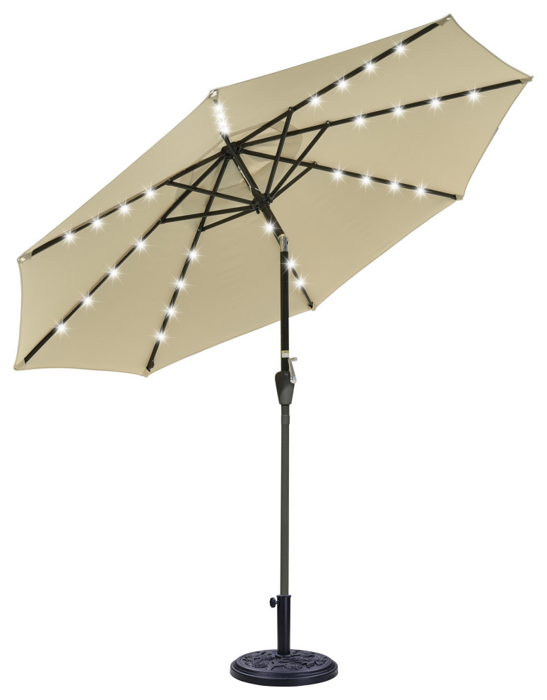 9 Ft Solar LED Lighted Patio Umbrella Kit Crank Tilt UV30+ Base Market