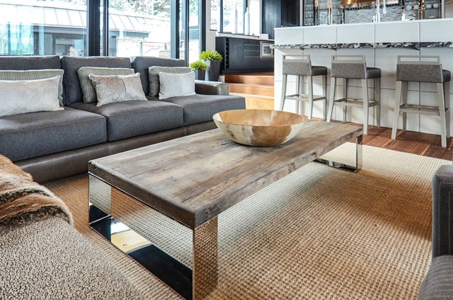 Great Room With Reclaimed Wood And Chrome Coffee Table Modern