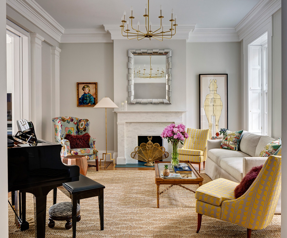 Living room - large transitional formal and enclosed brown floor and medium tone wood floor living room idea in New York with no tv, gray walls, a standard fireplace and a tile fireplace