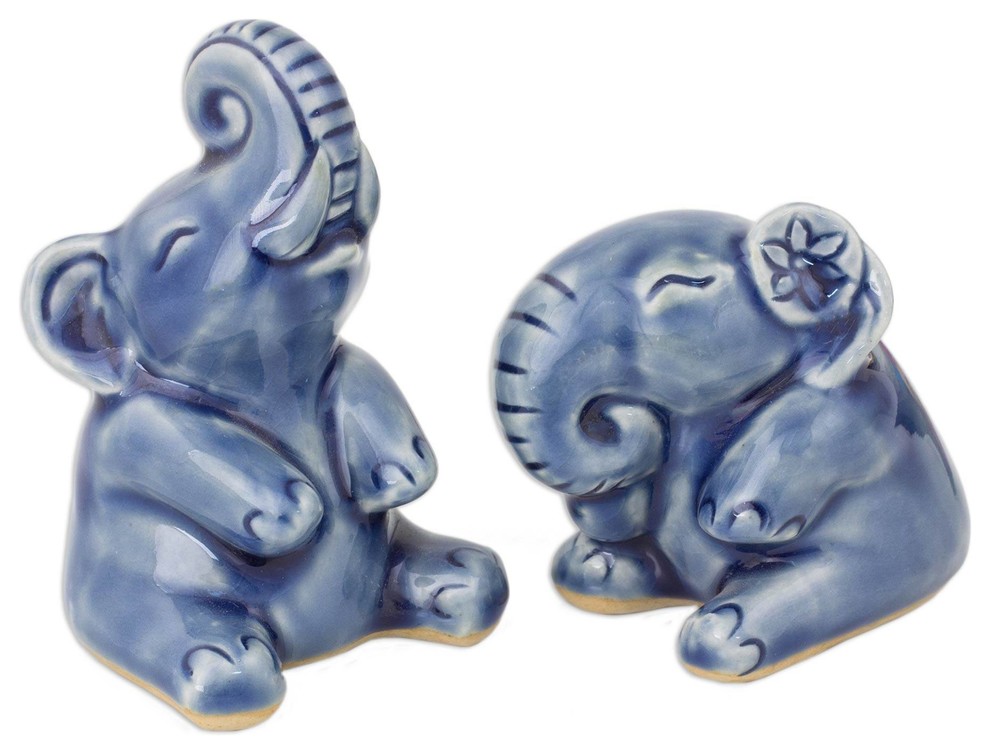 Happy Blue Elephants, Celadon Ceramic Statuettes, Thailand, 2-Piece Set