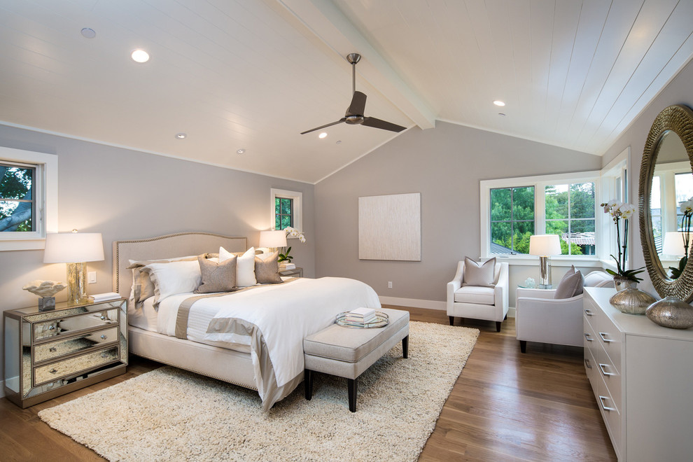 Design ideas for a country master bedroom in San Francisco with grey walls.