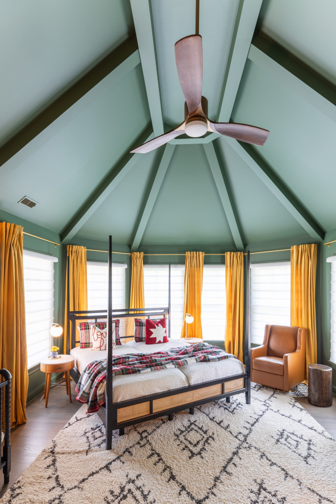 Cozy Bedroom with Vibrant Drapes and Rustic Design Elements