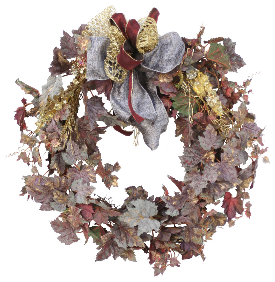 Frosted Wreath with Gold Cedar Accents and Ribbon Farmhouse Wreaths