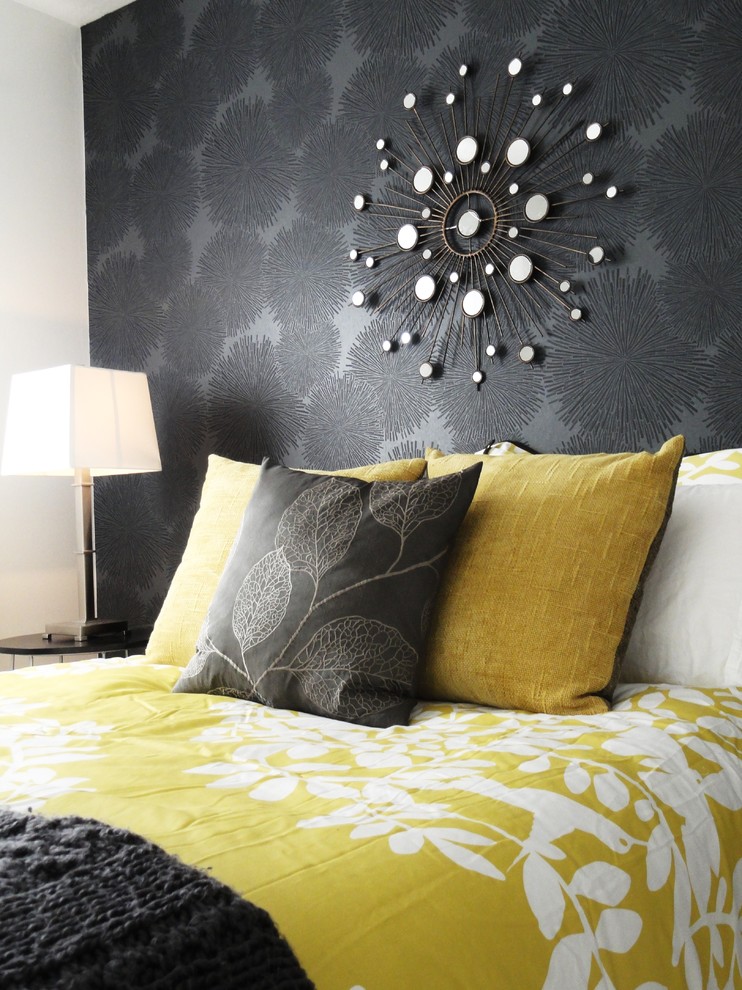 Inspiration for a contemporary bedroom in Boise with black walls.