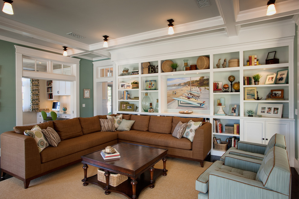 West Coast Hamptons - Elegant dark wood floor living room photo in San Diego with blue walls