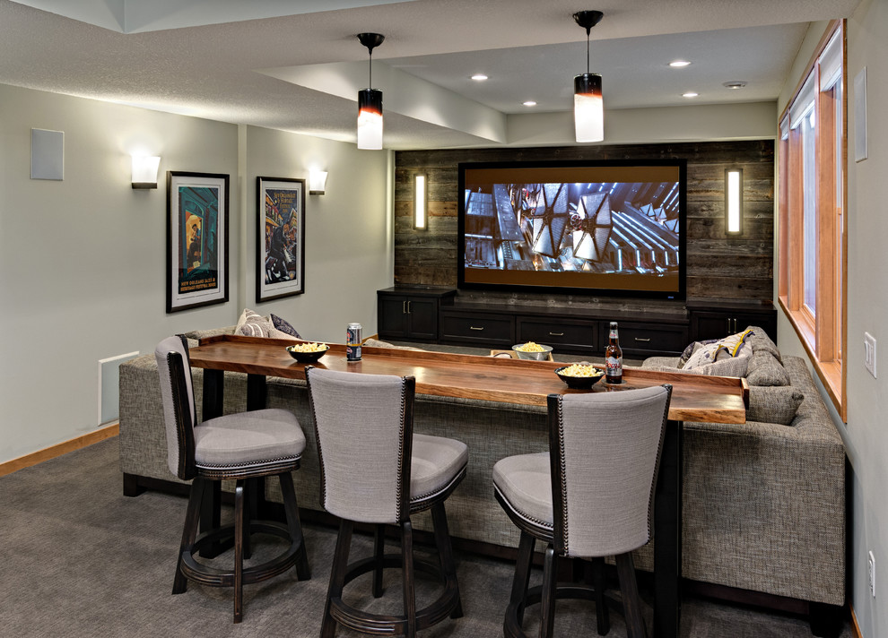 Design ideas for a mid-sized transitional walk-out basement in Minneapolis with grey walls and carpet.