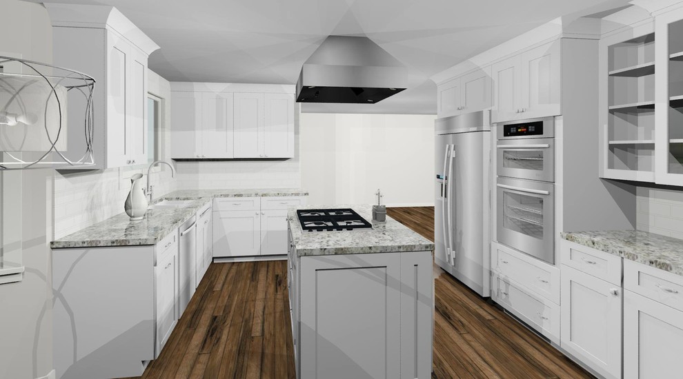 Example of a large transitional dark wood floor enclosed kitchen design in Phoenix with an undermount sink, shaker cabinets, white cabinets, granite countertops, white backsplash, subway tile backsplash, stainless steel appliances and an island