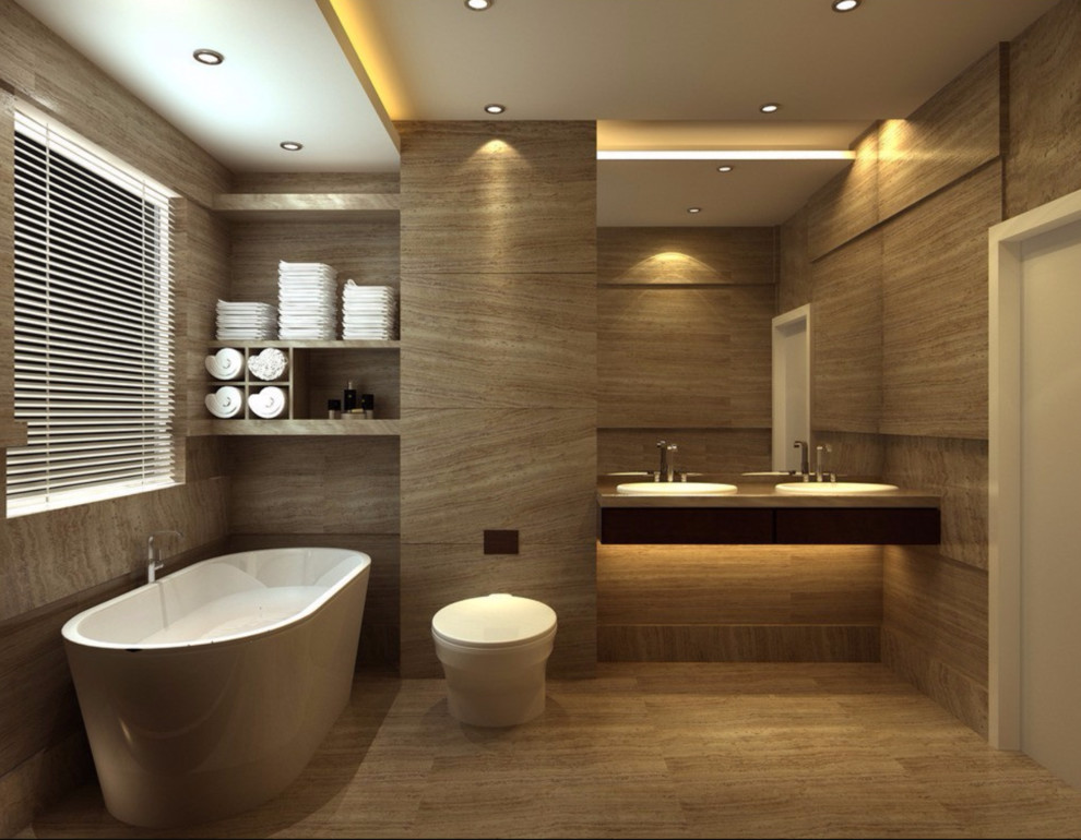 This is an example of a mid-sized modern master bathroom in Los Angeles with a freestanding tub, a one-piece toilet, a drop-in sink, solid surface benchtops, open cabinets, brown cabinets, beige tile, brown tile, travertine, brown walls, travertine floors and brown floor.