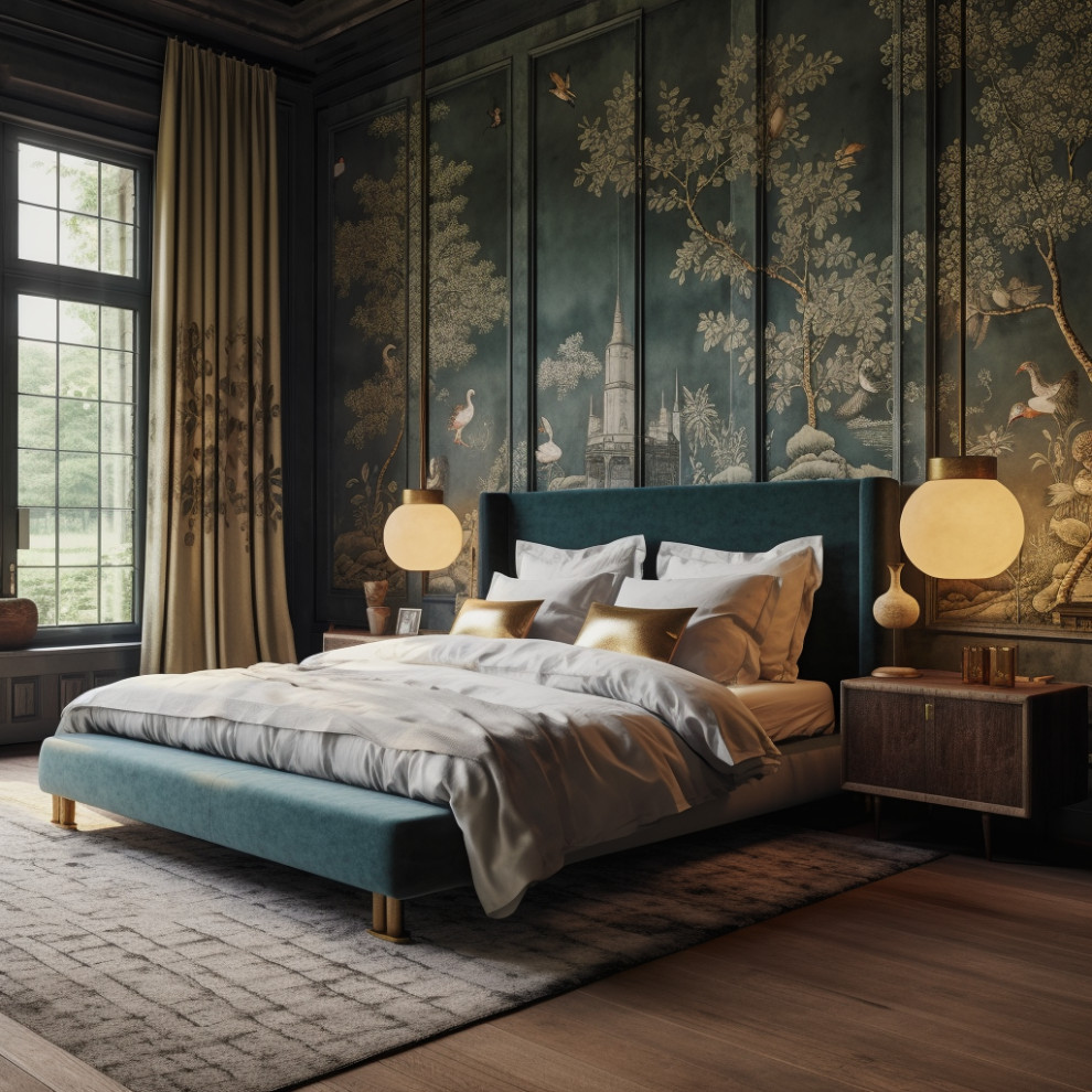 Diseño de dormitorio principal bohemio grande con paredes verdes, suelo de madera clara, suelo marrón y panelado