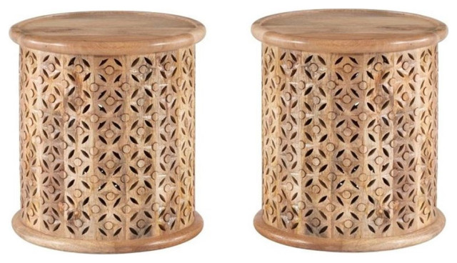 Home Square Wood Hand Carved Side Table in Natural - Set of 2