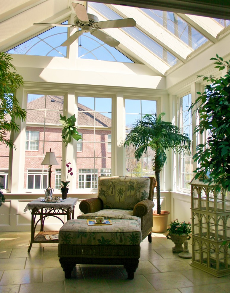 Mid-sized traditional sunroom in Baltimore with limestone floors, no fireplace, a skylight and beige floor.