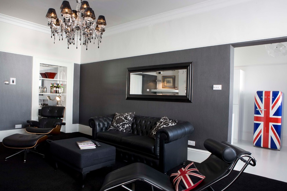 Inspiration for a modern living room in London with grey walls.