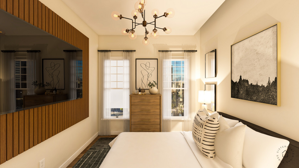 Immagine di una camera degli ospiti moderna di medie dimensioni con pareti bianche, parquet scuro, nessun camino, pavimento beige, soffitto a cassettoni e pareti in legno