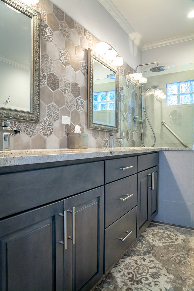 Alcove shower - mid-sized transitional master multicolored tile and porcelain tile porcelain tile and brown floor alcove shower idea in Phoenix with recessed-panel cabinets, distressed cabinets, beige walls, an undermount sink and granite countertops