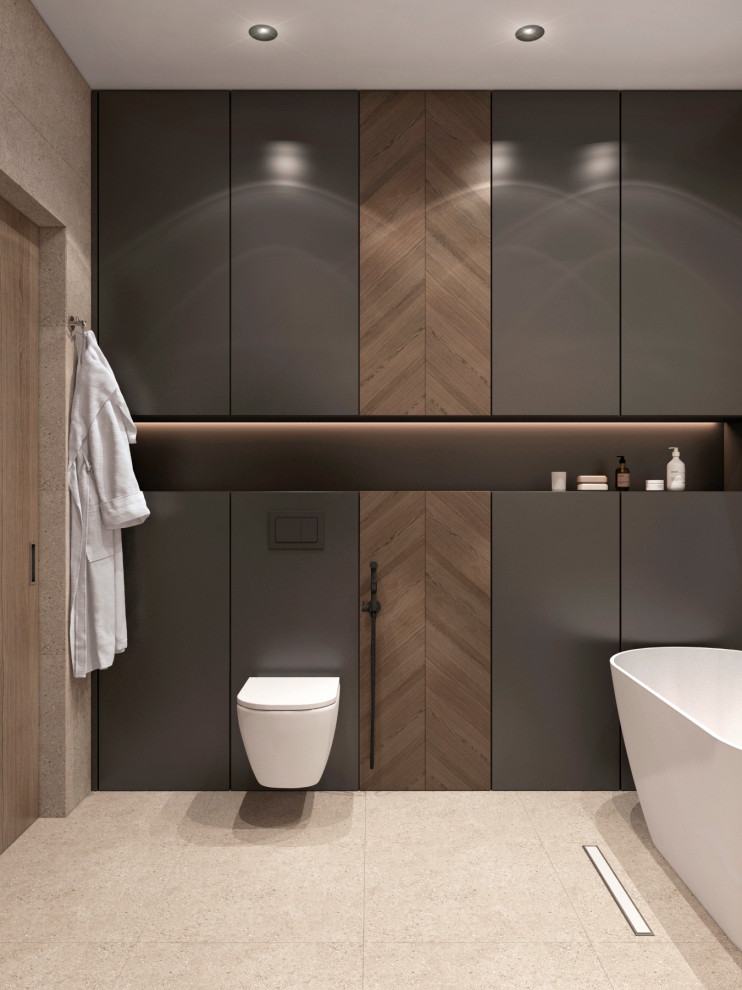 Пример оригинального дизайна: ванная комната в современном стиле с черными фасадами и встроенной тумбой