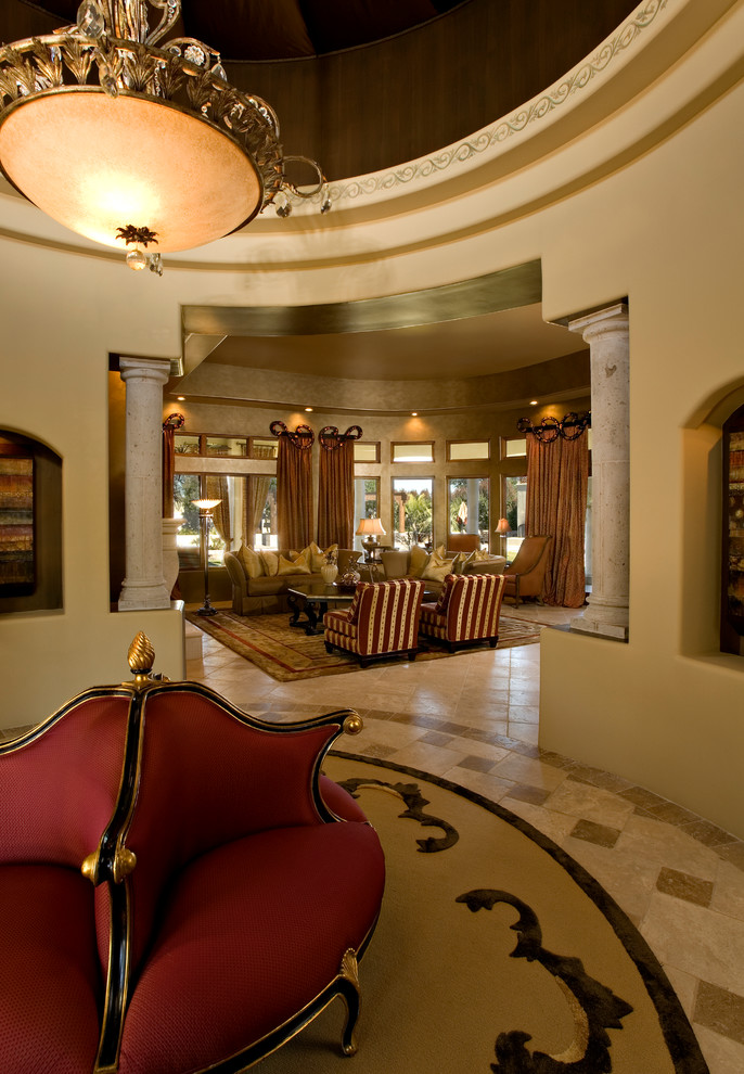 Living room - large mediterranean formal and open concept living room idea in Phoenix with white walls