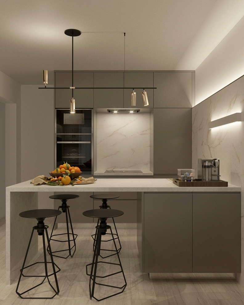 Дизайн интерьера маленькой кухни с барной стойкой, диваном и ТV зоной.