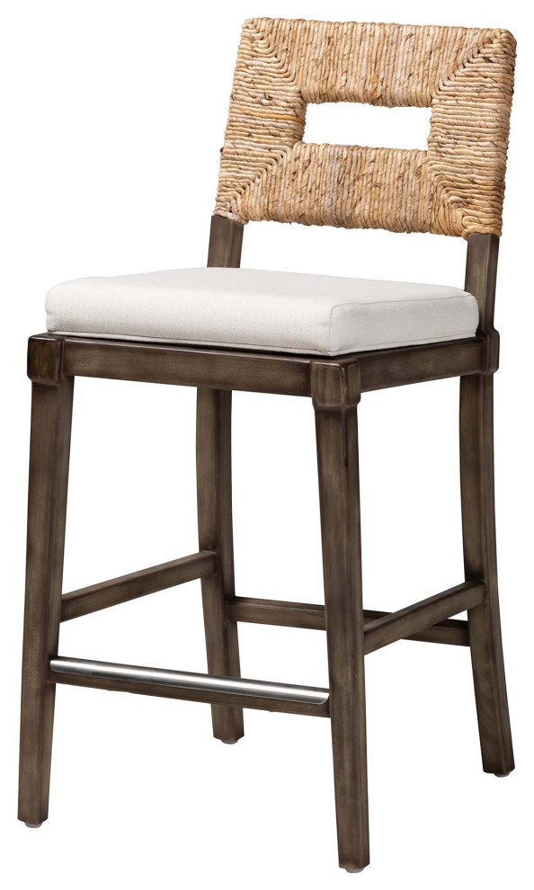 Modern Bohemian Dark Brown Finished and Natural Rattan Counter Stool