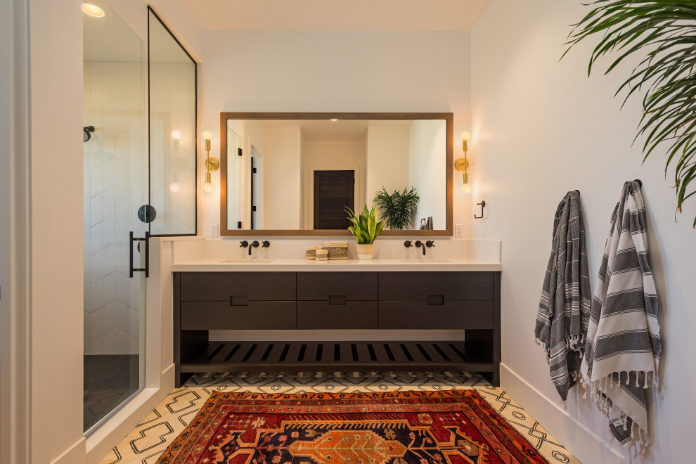 Retro bathroom in Seattle with white walls, porcelain flooring, engineered stone worktops, white floors, white worktops, double sinks and a built in vanity unit.