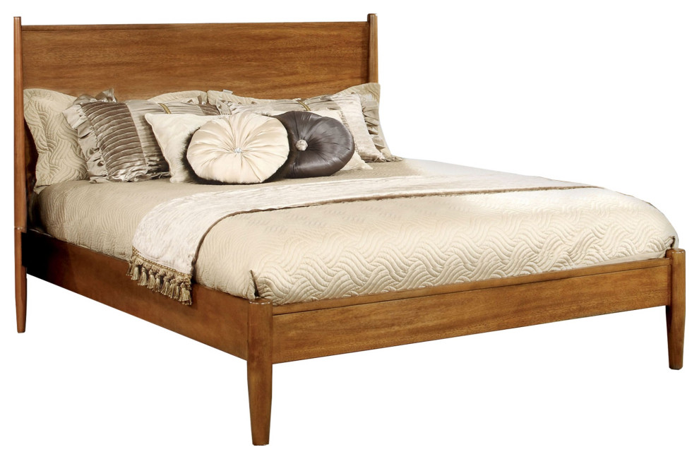 Mid Century Modern Wood Queen Bed With Round Tapered Legs, Rustic Oak