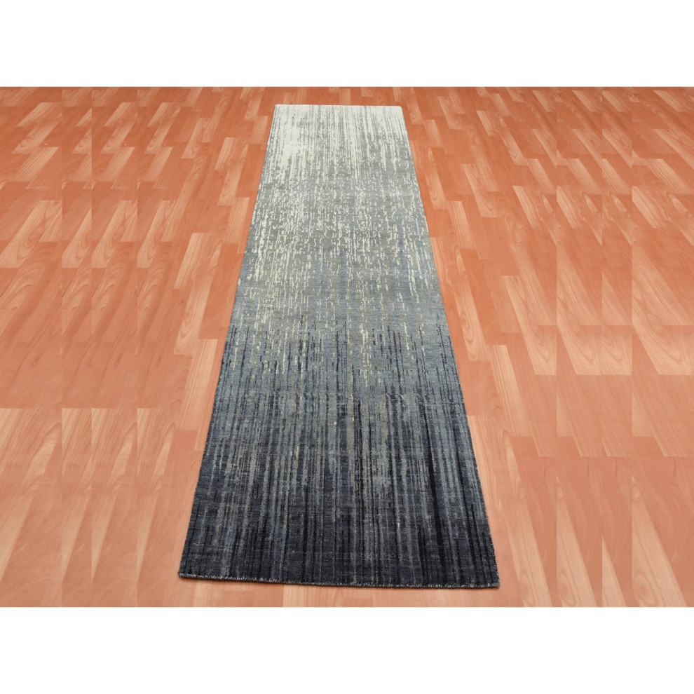 Gray and Blue Pure Wool Hand Knotted Modern Ombre Design Runner Rug, 2