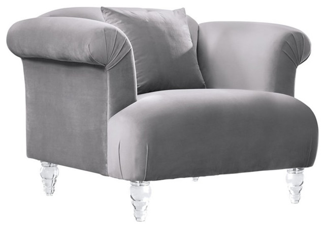 Armen Living Elegance Contemporary Sofa Chair in Grey Velvet with Acrylic Legs